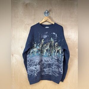 Gildan Navy Wolf Design Crewneck Sweater Double Sided Print